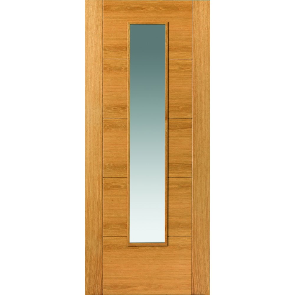 Pre-finished oak internal fire door featuring a central clear glazed panel, sleek vertical design, and a warm wood finish, measuring 1981mm x 838mm x 44mm.