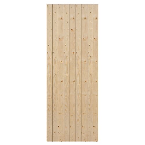 Natural wood boarded door with a ledged and braced design, featuring a light finish and vertical planks, measuring 40x1981x915mm.