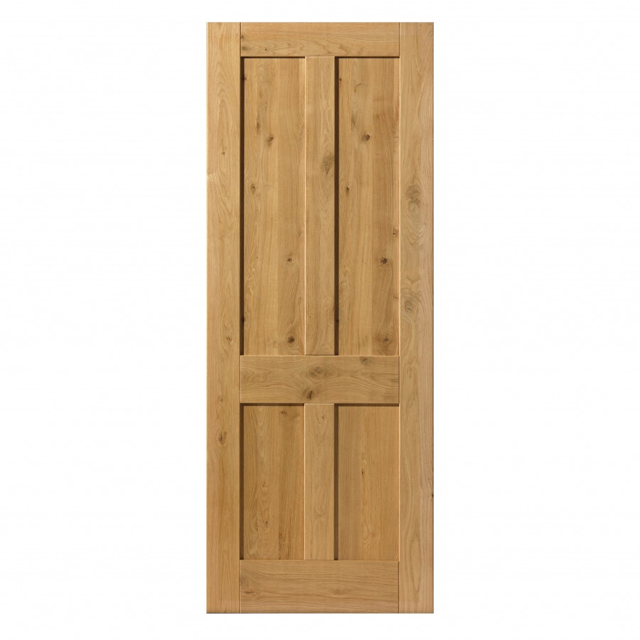 Oak rustic internal door featuring four panels, prefinished with a natural wood grain, measuring 1981 x 610 x 35mm, showcasing a warm, light brown color.