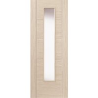 Ivory glazed laminate internal door with vertical rectangular glass panel, wood grain texture, by JB Kind.