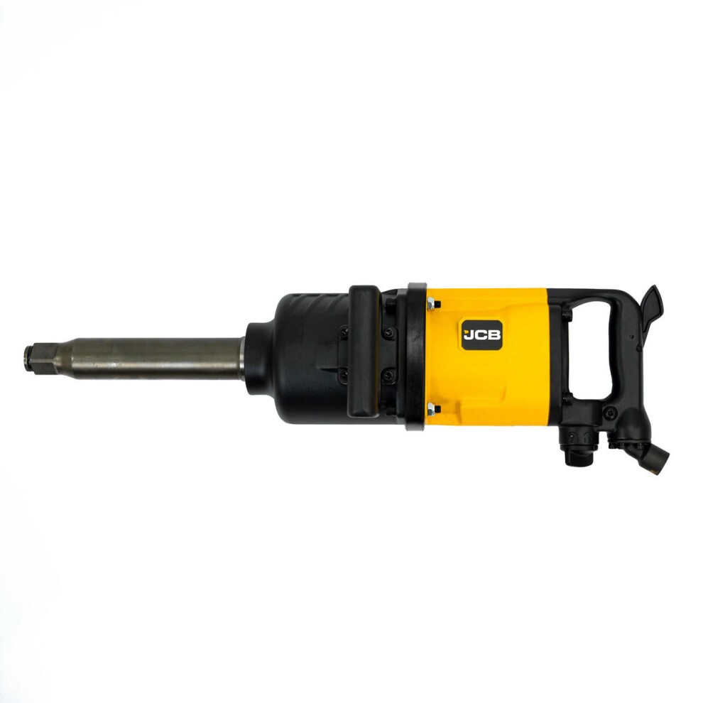 JCB Square Drive Air Impact Wrench features a yellow and black design, with a sturdy metal drive shaft and a textured grip for enhanced handling, designed for high torque applications.