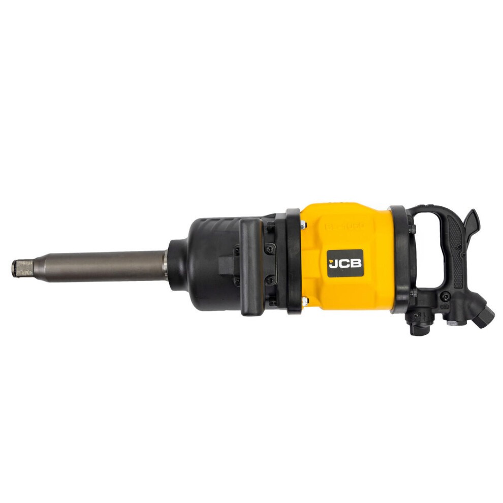 Yellow and black JCB Square Drive Air Impact Wrench featuring a robust design, a metal drive shaft, and a trigger handle, capable of delivering 4000Nm max working torque.