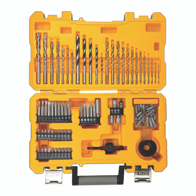 JCB 100-piece combination drill and screwdriver bit set in a bright yellow plastic case, featuring various drill bits, screwdriver bits, and a magnetic bit holder.