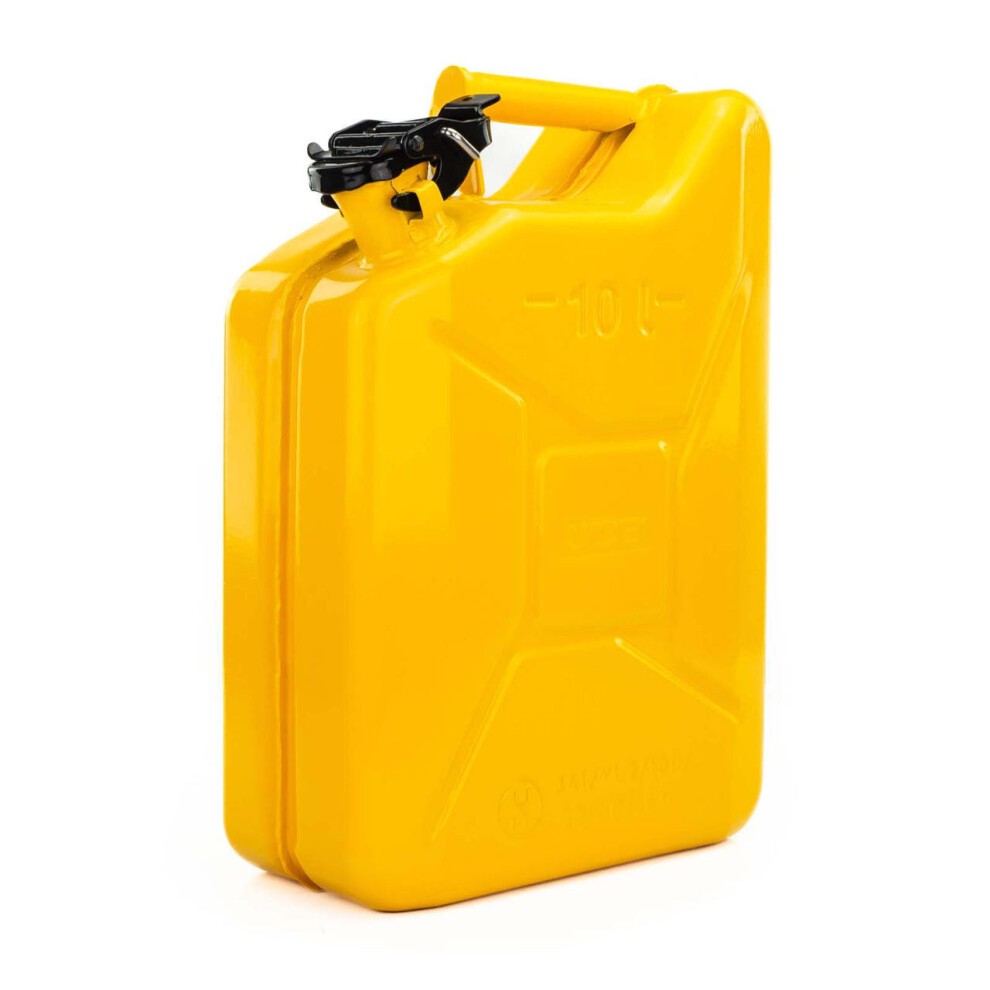 Bright yellow 10-liter jerry can with a sturdy handle and a black spout cap, featuring a textured surface and embossed markings for capacity.