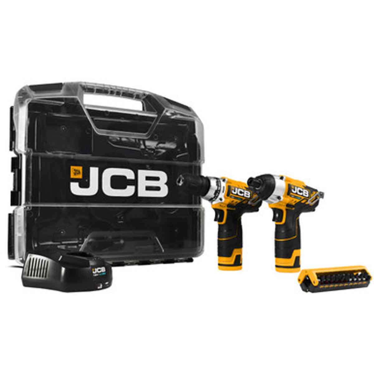 JCB 12V combi drill and impact driver in black and yellow, includes two 2.0Ah batteries and a transparent W-Boxx 102 case with JCB logo.