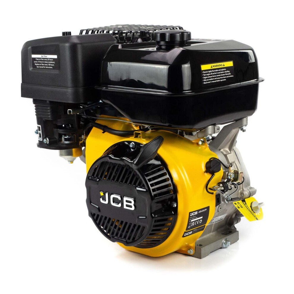 15hp JCB petrol engine with a black and yellow design, featuring a horizontal shaft, 457cc, 4-stroke, OHV configuration, and warning labels on the casing.