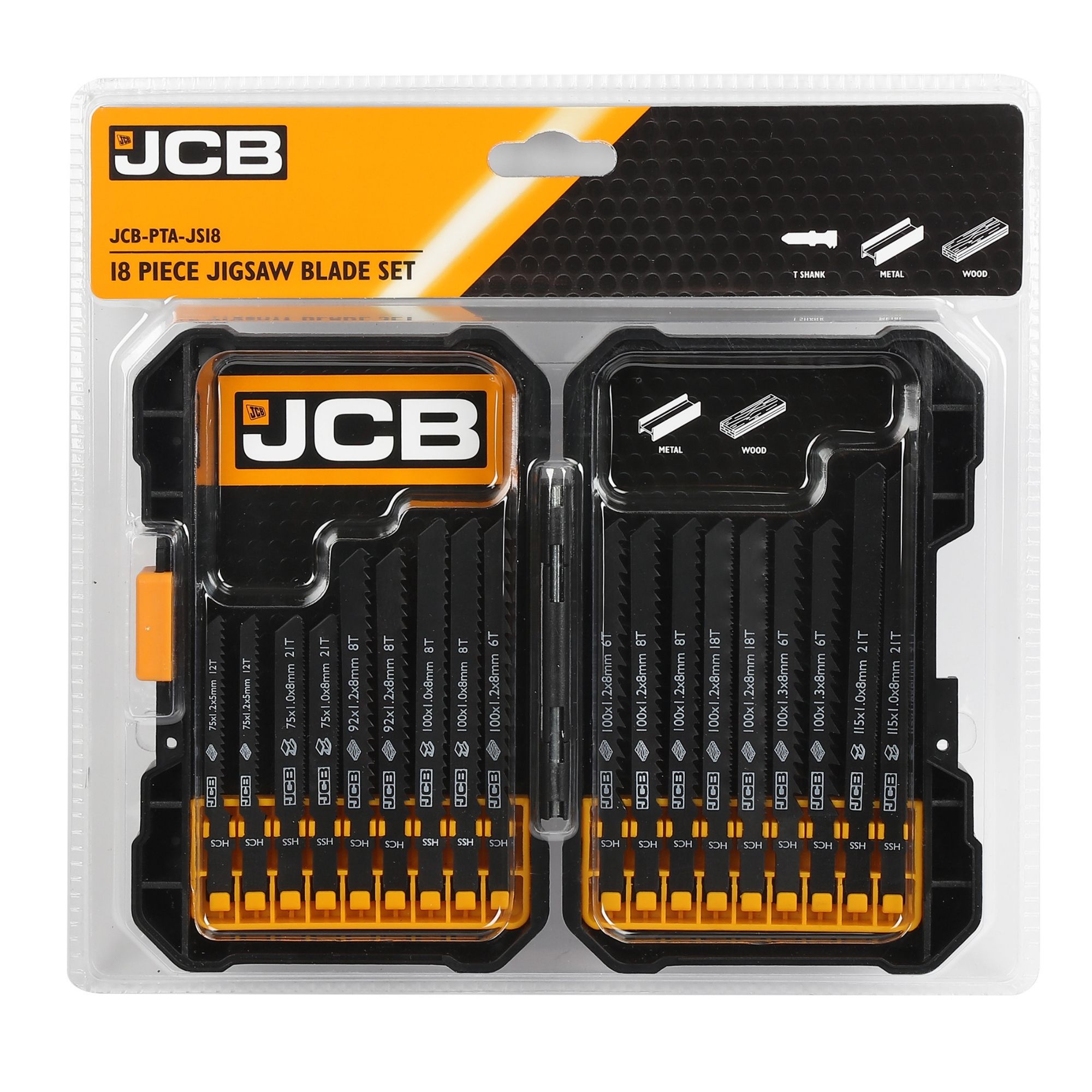 JCB 18-piece jigsaw blade kit featuring a black and orange storage case, with blades designed for wood and metal, labeled for easy identification.