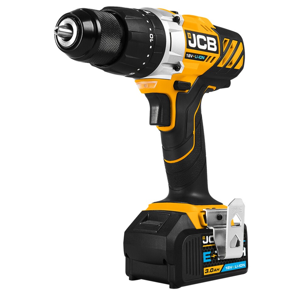 JCB 18V combi drill in black and yellow, featuring a variable speed trigger, a 3.0Ah Li-ion battery, and a metal chuck for enhanced durability.