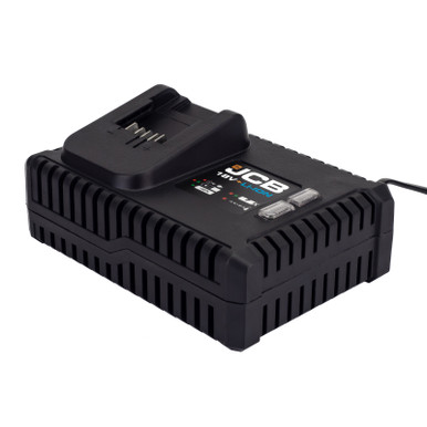 JCB 18V 4.0A Super Fast Charger in black with a textured surface, featuring a charging dock, LED indicators, and a UK plug for JCB 18V power tool batteries.