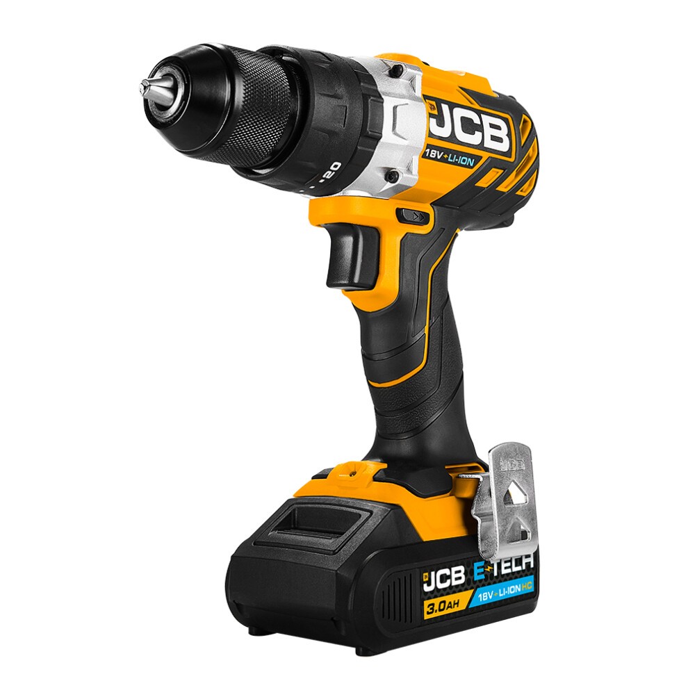 JCB 18V combi drill in black and yellow, featuring a brushless motor, a keyless chuck, and a 3.0Ah Li-ion battery, with a fast charger included.