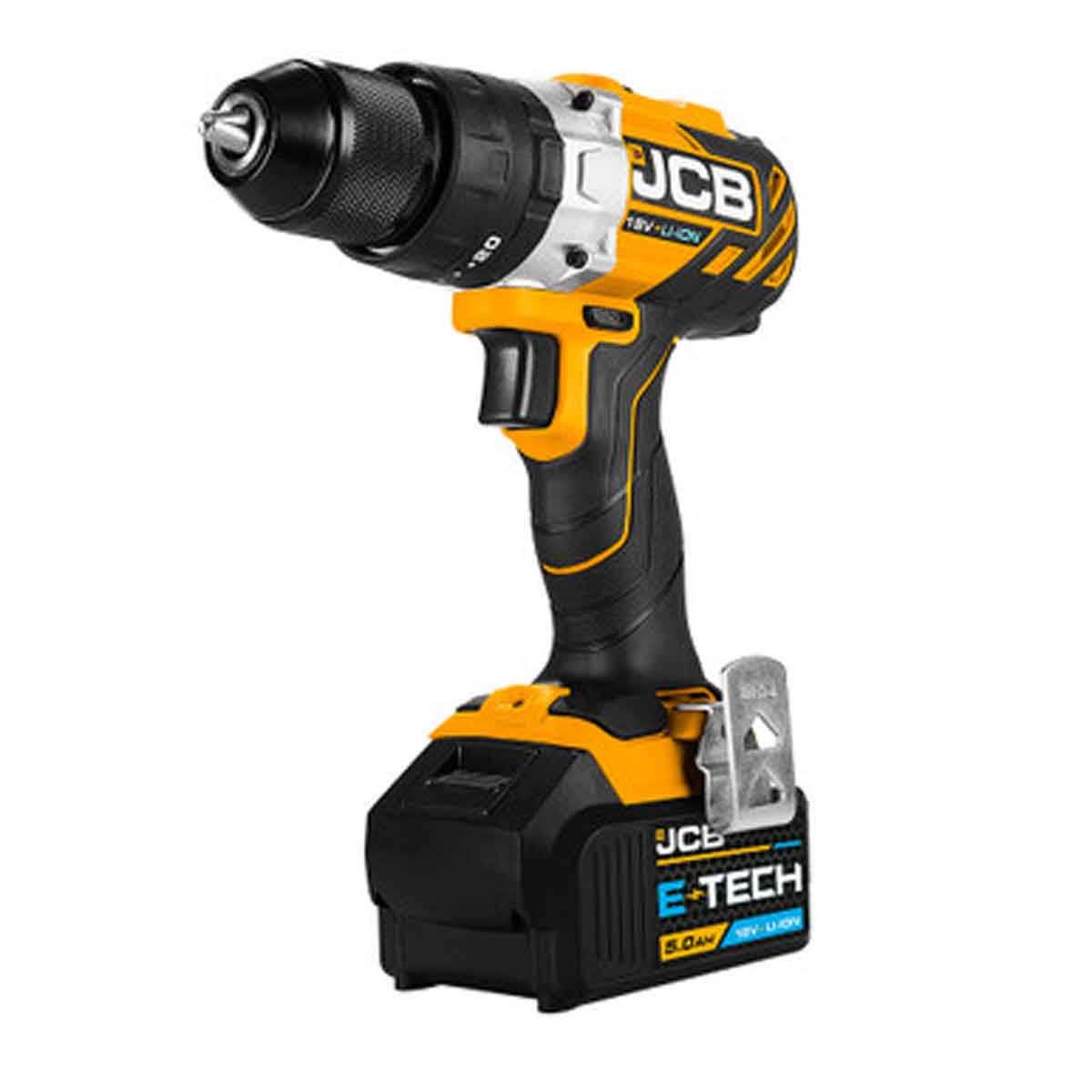 JCB 18V brushless combi drill in black and yellow, featuring a keyless chuck, ergonomic grip, and a 5.0Ah battery, housed in a sturdy L-Boxx 136 case.