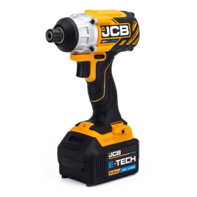JCB 18V brushless impact driver in black and yellow with a 5.0Ah battery, featuring a compact design, ergonomic grip, and a powerful motor for efficient fastening.