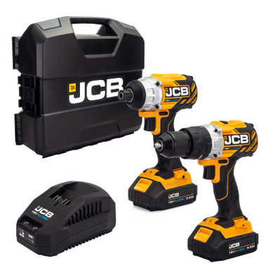Two JCB 18V brushless impact tools in yellow and black, with a charging station, displayed alongside a sturdy black carrying case.