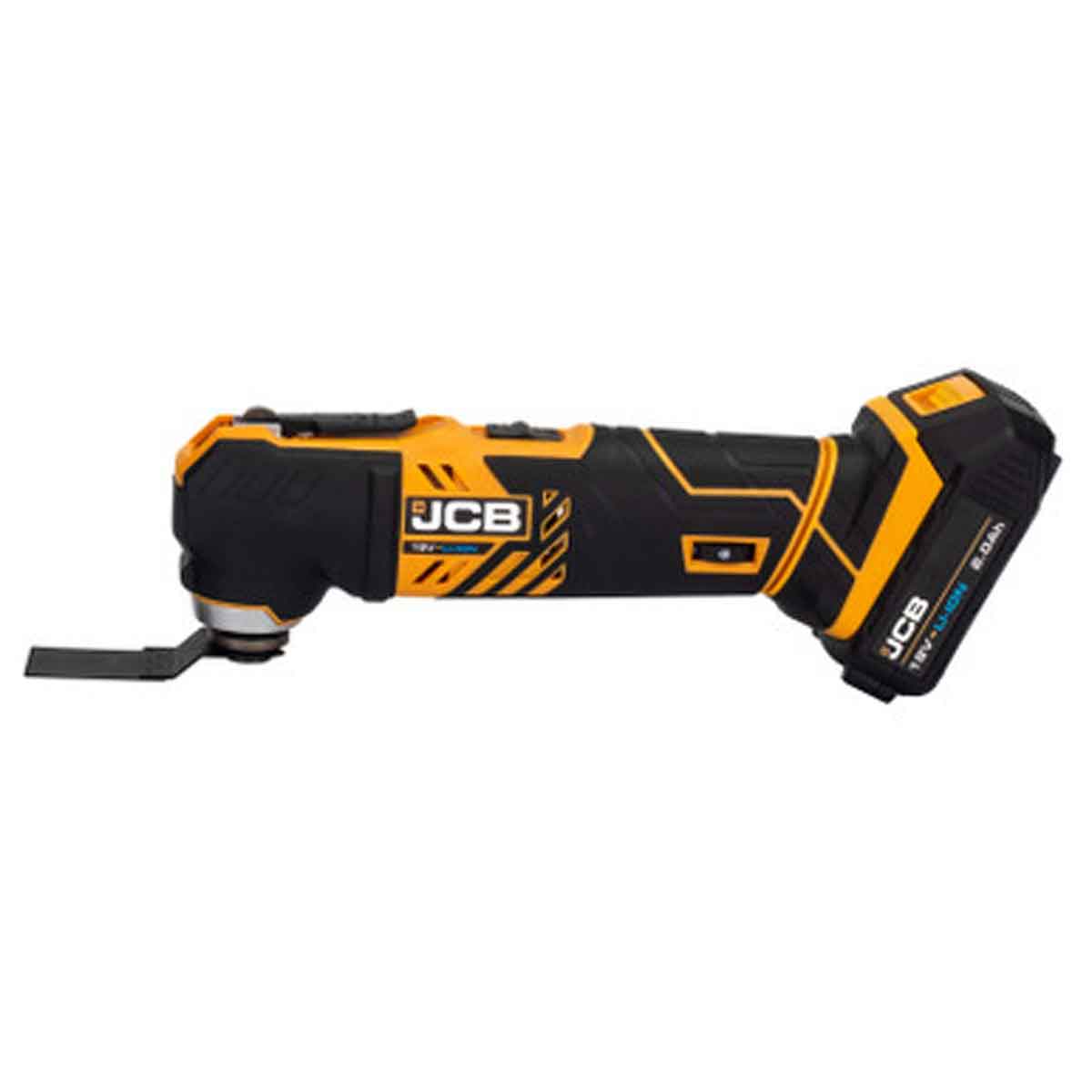 JCB 18V multi-tool in black and orange, featuring a compact design, a detachable battery pack, and an oscillating blade attachment for versatile cutting and sanding tasks.