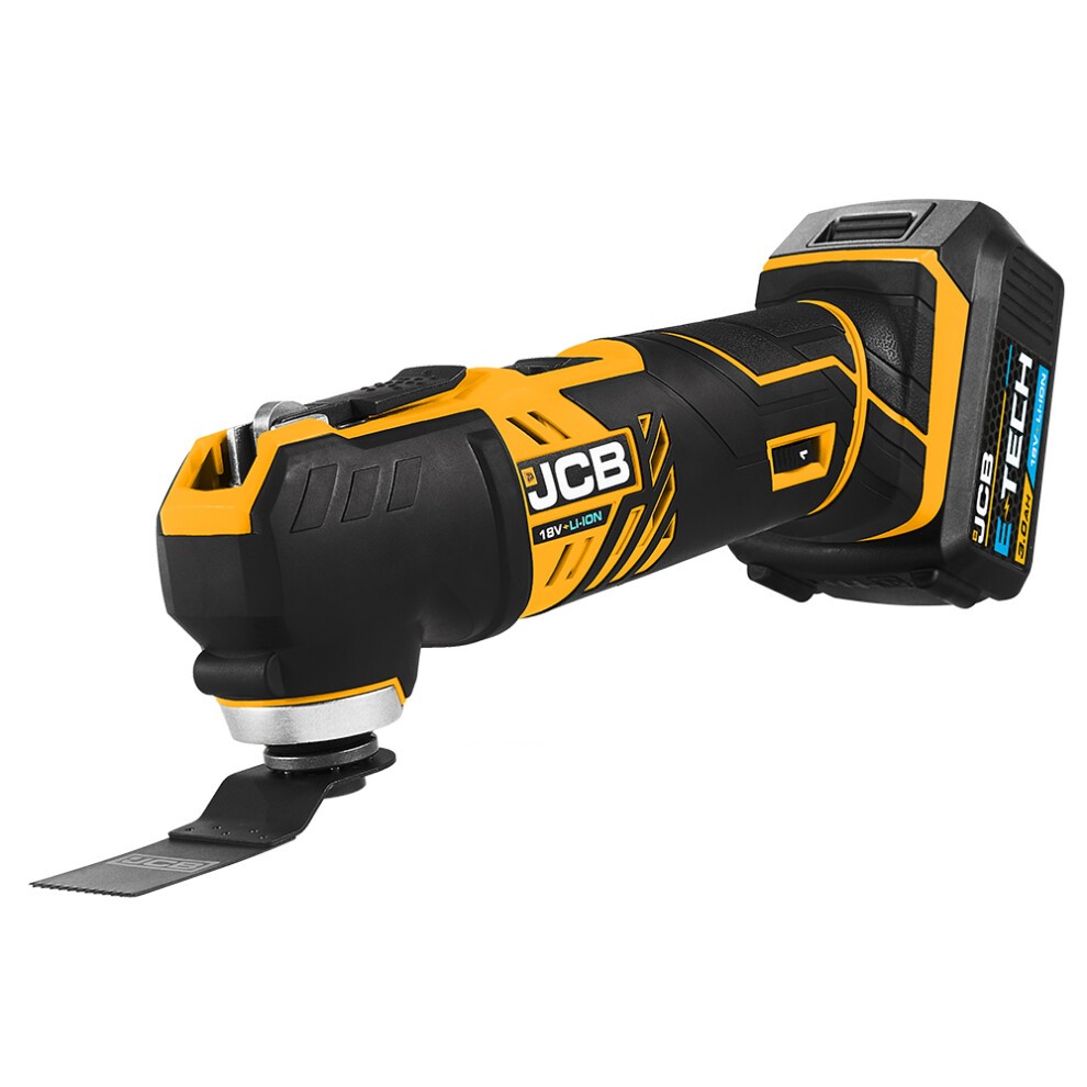 JCB 18V cordless multi-tool featuring a black and yellow design, equipped with a 3.0Ah Li-ion battery and a 2.4A fast charger, ideal for various cutting and sanding tasks.