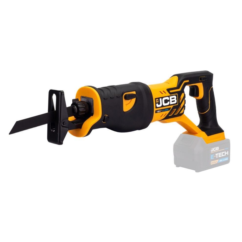 JCB 18V cordless reciprocating saw in black and yellow, featuring a rubber grip handle, adjustable blade, and a 3Ah Li-Ion battery with a 2.4A fast charger.