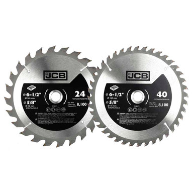 Two JCB TCT wood saw blades, one with 24 teeth and the other with 40 teeth, both 165mm in diameter, featuring a silver metallic finish and black labels with specifications.