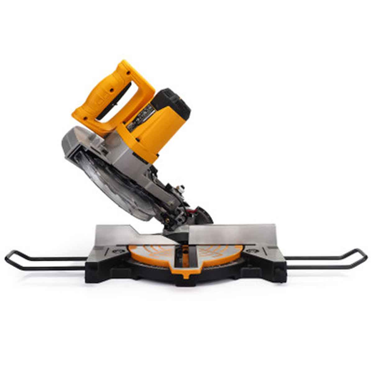 JCB 21-MS-210-C compound mitre saw with a yellow and black handle, a silver blade, and a sturdy base featuring a circular orange marking for precise cuts.