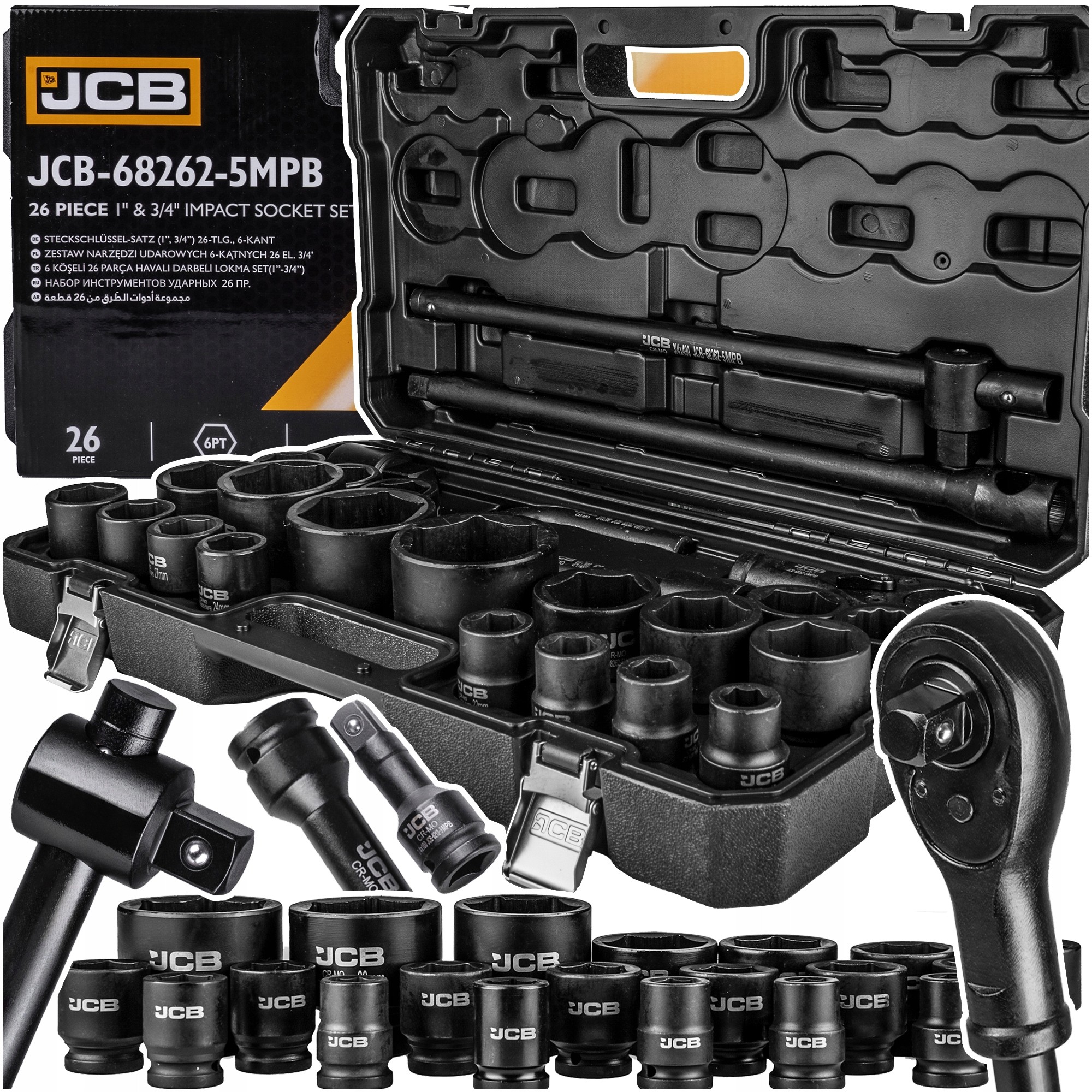 Black metal impact socket set with 26 pieces, featuring various socket sizes (17-65mm) and a sturdy carrying case, labeled with the JCB logo.
