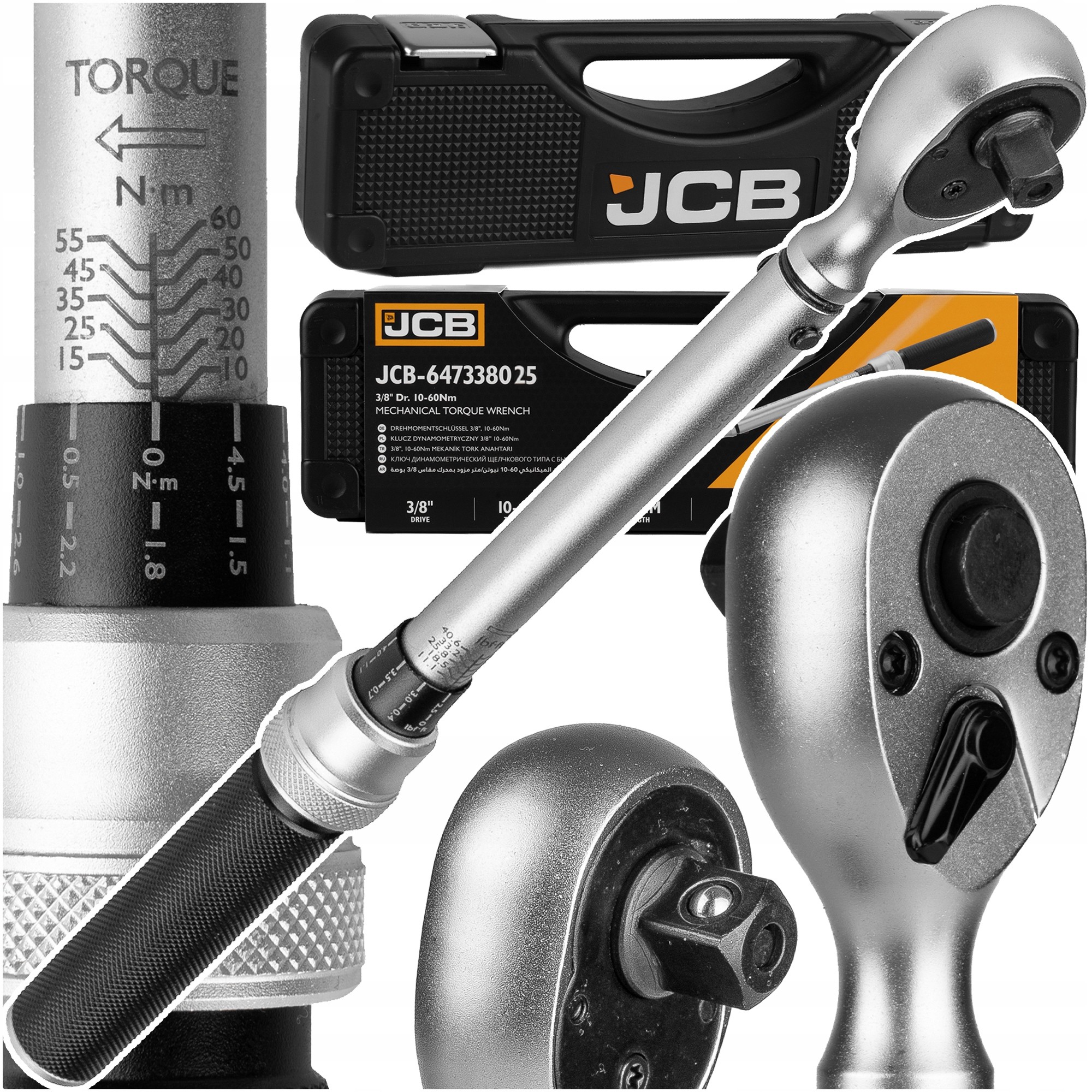 Silver torque wrench with a black grip, marked with torque measurements from 10-60Nm, accompanied by a black and orange carrying case labeled JCB.