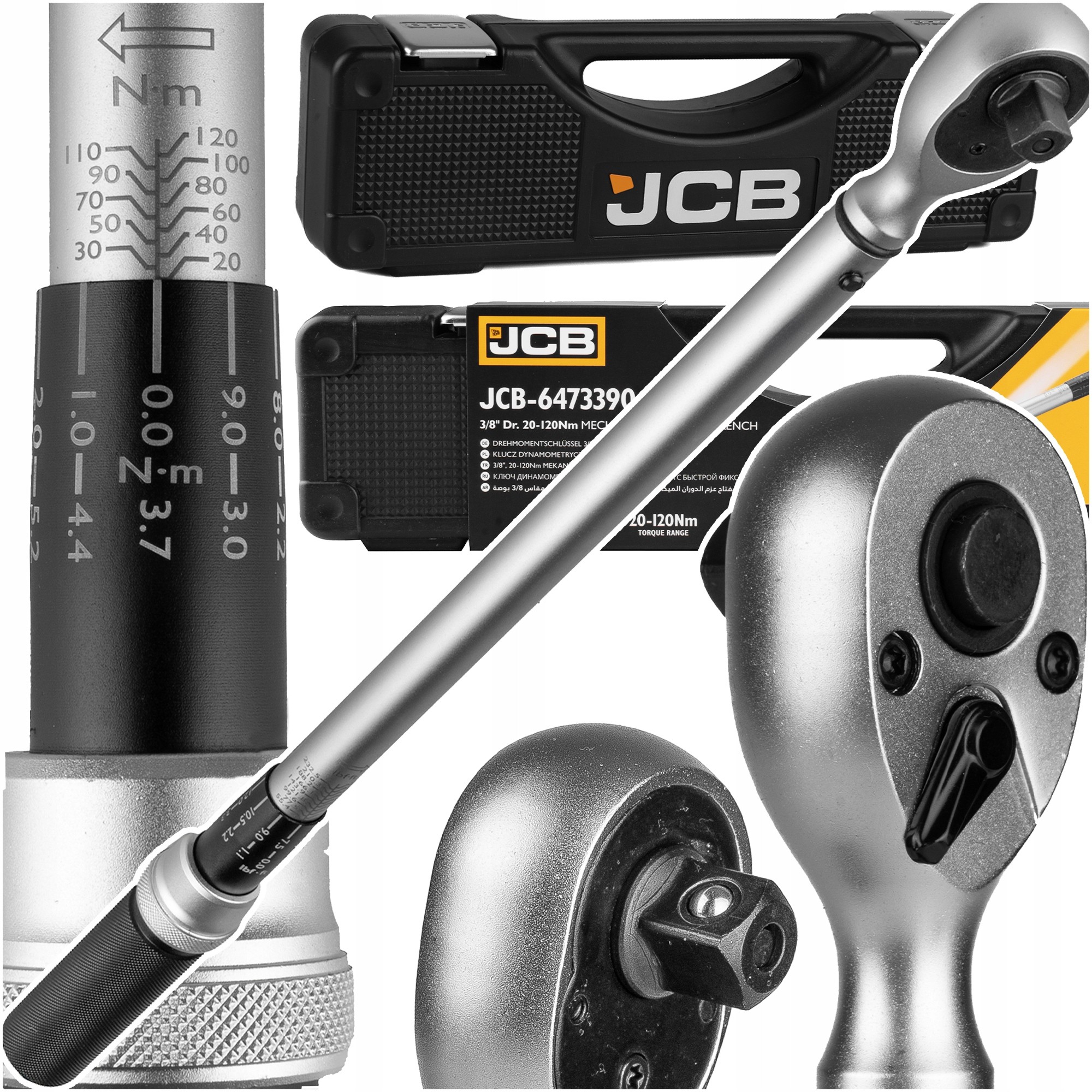 Silver torque wrench with a black and silver handle, marked with torque measurements from 20-120 NM, displayed alongside a black carrying case featuring the JCB logo.