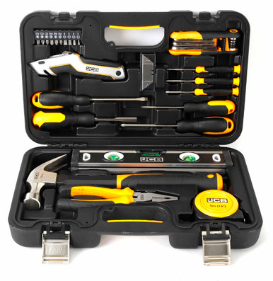 A black and yellow JCB 30-piece hand tool set in a sturdy case, featuring various tools including a hammer, pliers, screwdrivers, and a tape measure, all with ergonomic grips.