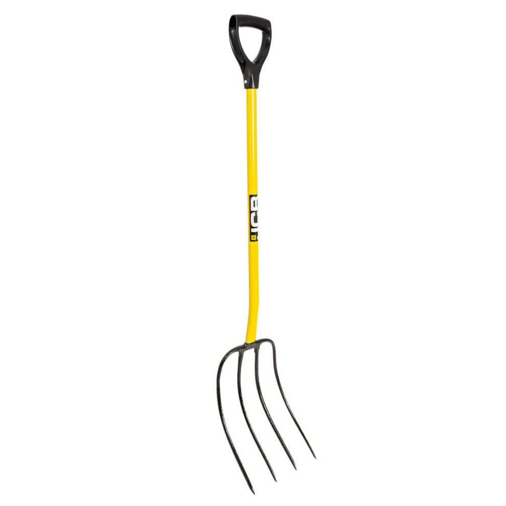 Yellow 4-prong manure fork with a sturdy black D-handle, designed for professional use, featuring a durable metal head and a long, ergonomic shaft for efficient handling.