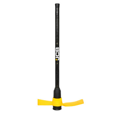 JCB 5lb grubbing mattock features a black fiberglass handle with a textured grip, a yellow rubberized base, and a sturdy metal head for digging and breaking soil.