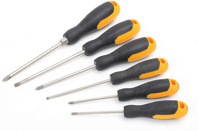 Six JCB screwdrivers with black rubber grips and yellow accents, including both Pozi and flat head types, featuring durable metal shafts for non-electric use.