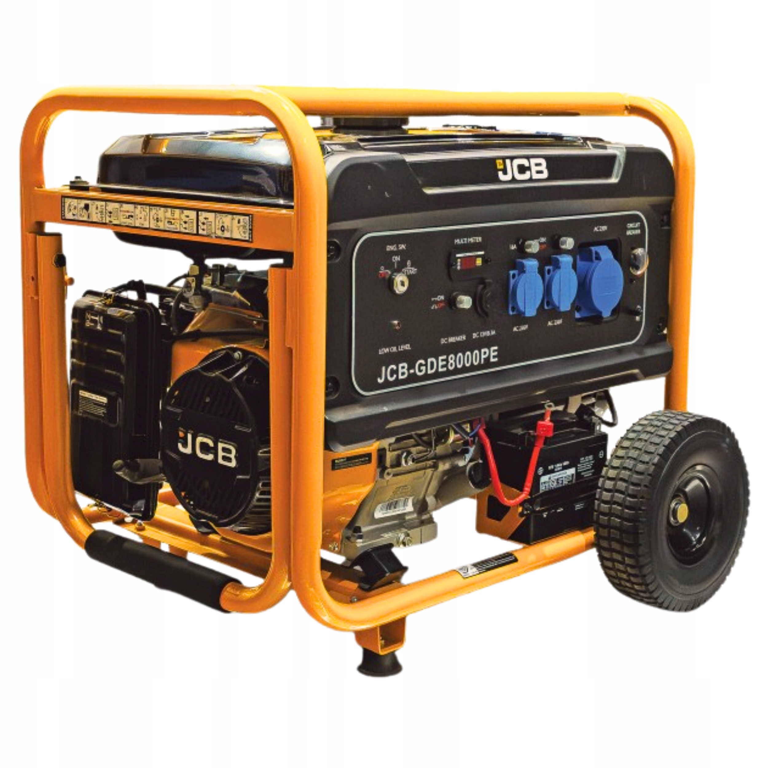 JCB petrol site generator in yellow and black, featuring a 15hp engine, recoil and electric start, with blue control panel and wheels for mobility.