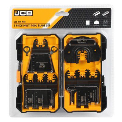 Eight-piece multi-tool blade set by JCB featuring black and yellow plastic storage case, with various blade shapes and sizes for versatile cutting tasks.