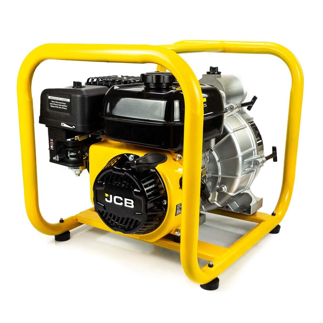 JCB Professional petrol trash pump in black and yellow, featuring a sturdy frame, 7.5hp engine, and a high flow rate of 1000L/min, designed for dirty water removal.