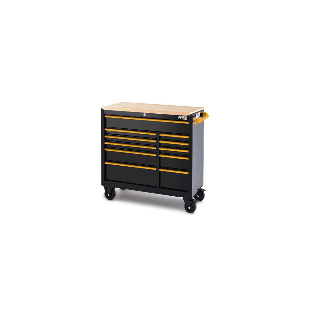 JCB Classic Design 42' roller tool cabinet in black steel with a hardwood worktop, featuring 11 drawers and yellow accents, mounted on wheels for mobility.