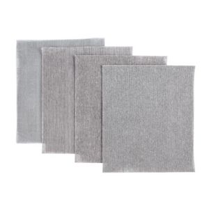 Four grey sanding sheets in varying shades, made of abrasive material, each with a smooth texture, packaged together for sanding tasks.