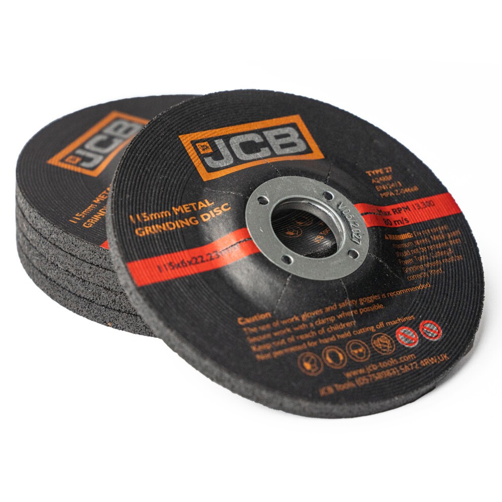 Five black metal grinding discs, each 115mm in diameter with a central hole, featuring the JCB logo and specifications for metal grinding applications.