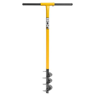 Yellow and black JCB Professional 4 Fence Post Auger with a T-shaped handle and a three-blade spiral auger bit designed for digging post holes.