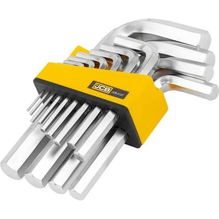 Set of 13 hex keys in a yellow and black holder, featuring a range of sizes from 2 to 19 mm, made of shiny metal with an ergonomic design for easy grip.