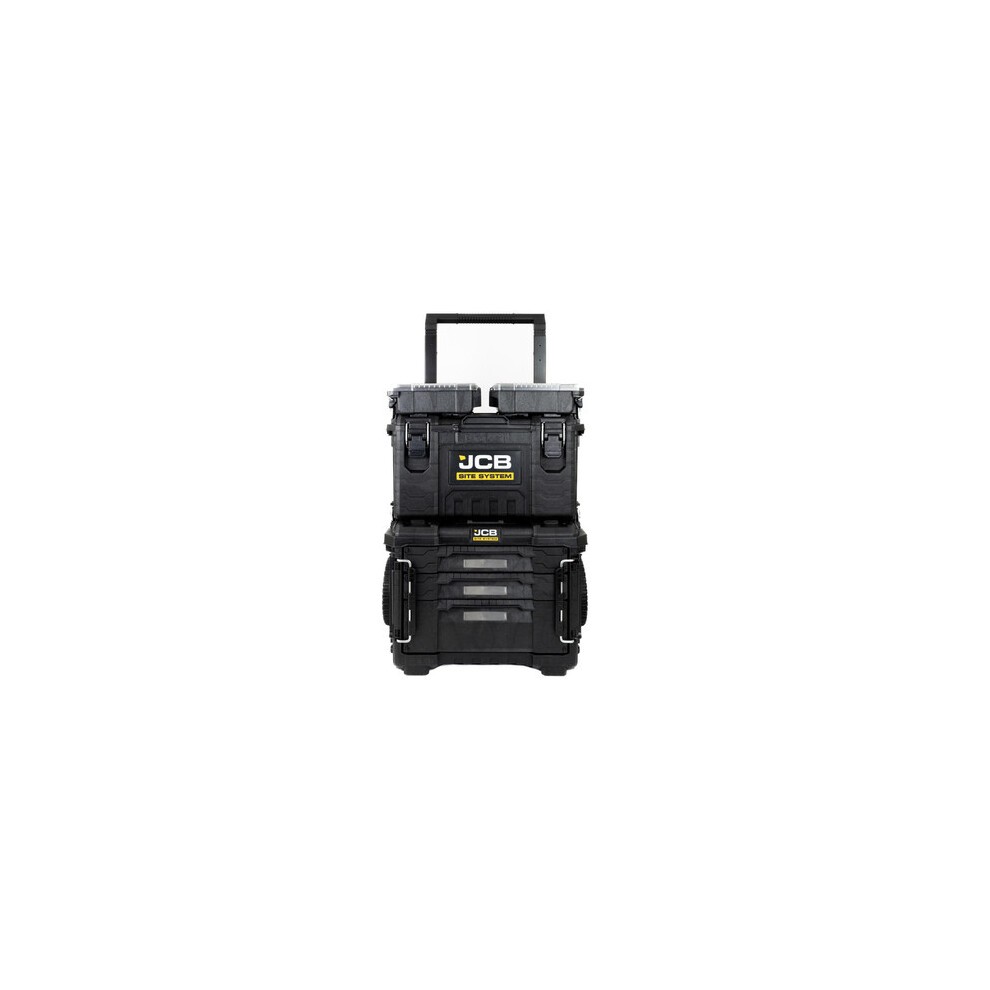 Heavy-duty black modular tool storage set featuring multiple compartments, sturdy handles, and JCB branding, designed for efficient organization and transport of tools.