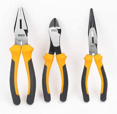 Three JCB pliers in a 3-piece set: needle-nose, cutting, and combination pliers, featuring yellow and black rubber grips and shiny steel jaws.