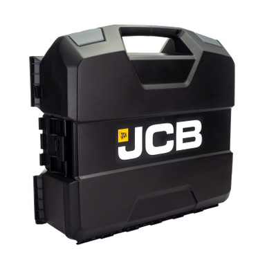 Black JCB W-BOXX 136 power tool case featuring a sturdy handle, prominent white JCB logo, and secure latches for easy transport and storage of tools.