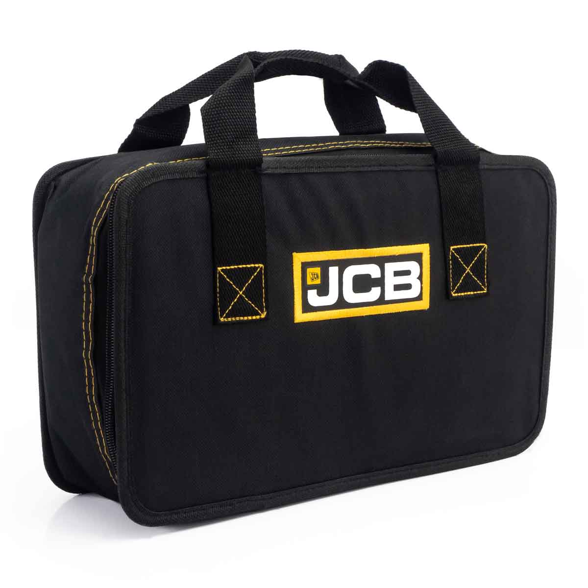 Black zipped case with yellow JCB logo, featuring sturdy handles and contrasting yellow stitching, designed for durability and functionality.