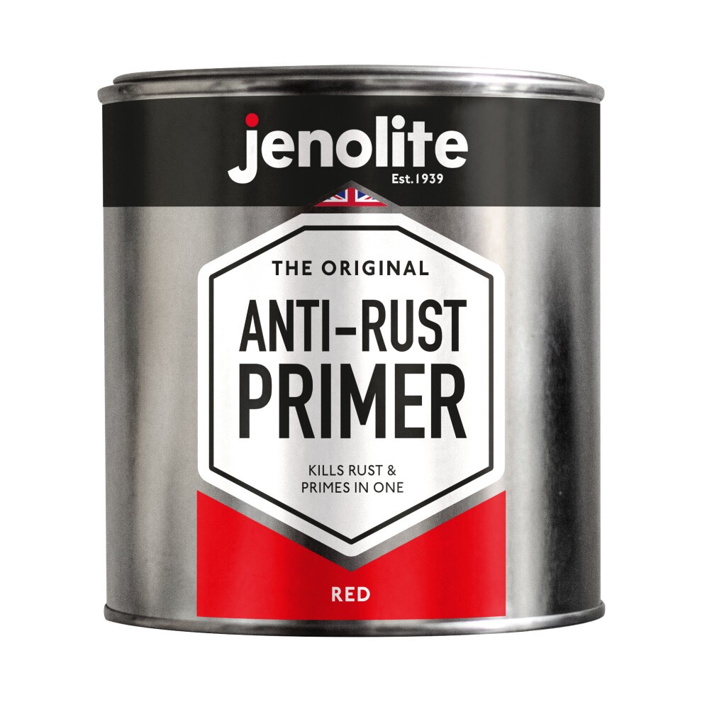 Jenolite Anti-rust Red Primer in a 1-litre metal tin, featuring a bold red label with black and white text, highlighting its rust-killing and priming properties.