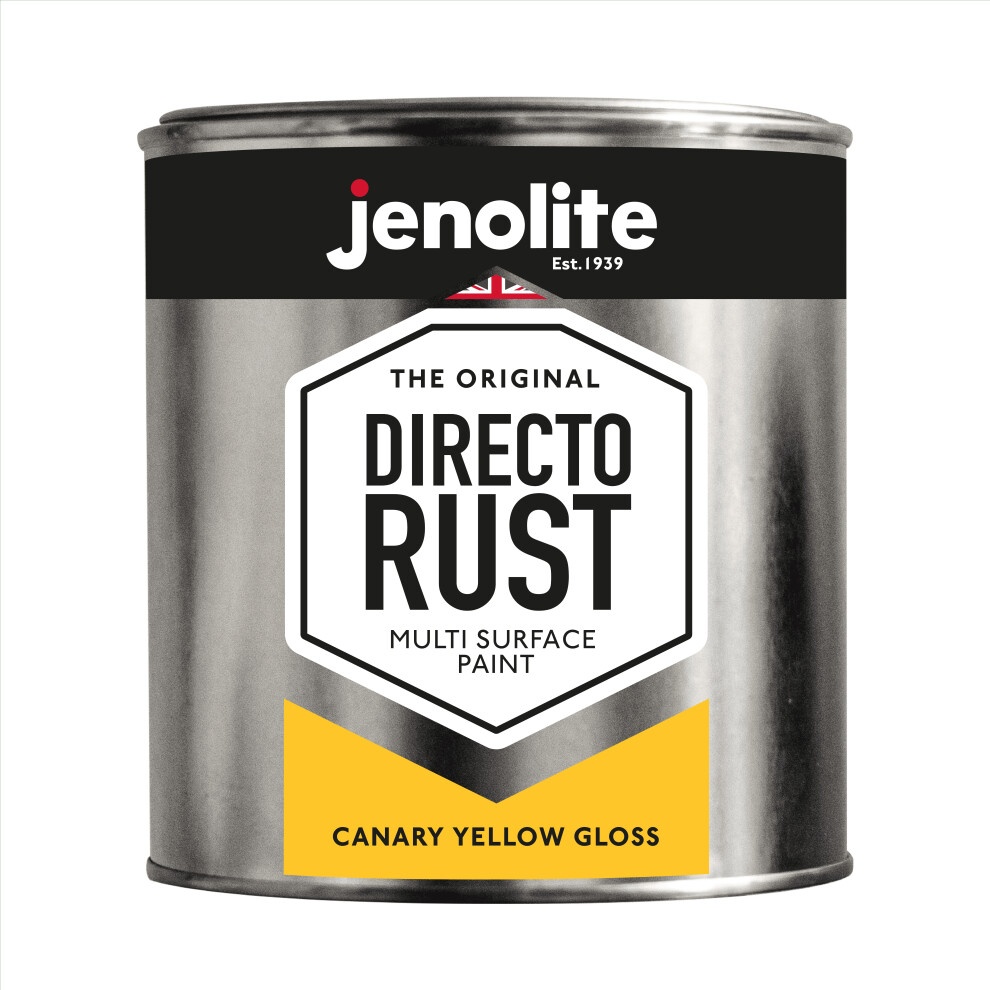 Canary yellow spray paint can with a glossy finish, labeled "DIRECTO RUST," designed for multi-surface use on wood, metal, plastic, ceramic, and rusted surfaces.