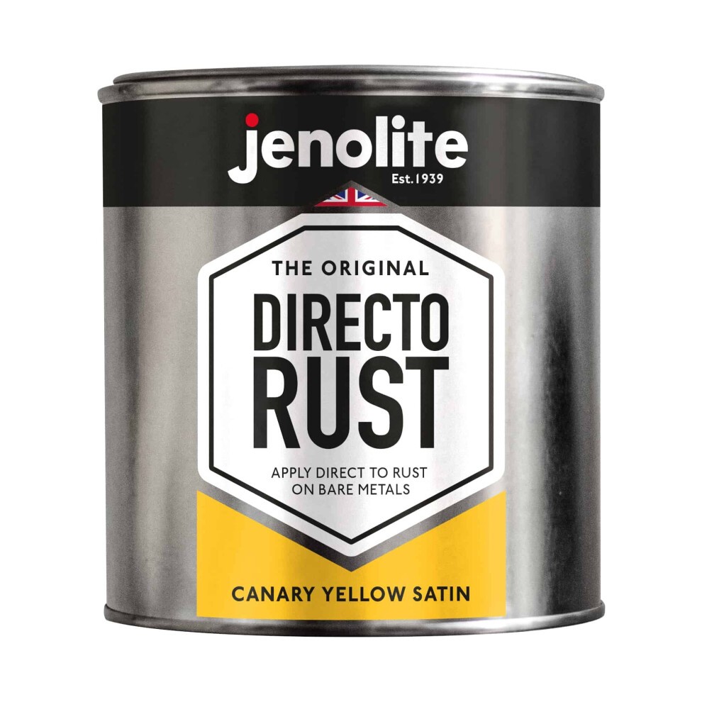 Canary yellow satin multi-surface paint can by Jenolite, labeled "Directo Rust," suitable for wood, metal, plastic, ceramic, and rusted surfaces, with a sleek silver container.