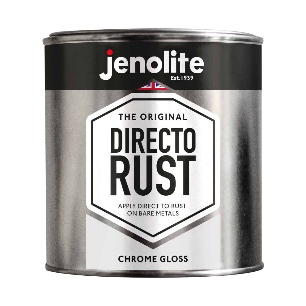 Silver tin can of Jenolite Directorust Chrome Gloss, 1 litre, featuring a hexagonal label with bold text and the brand logo, designed for direct application on bare metals.