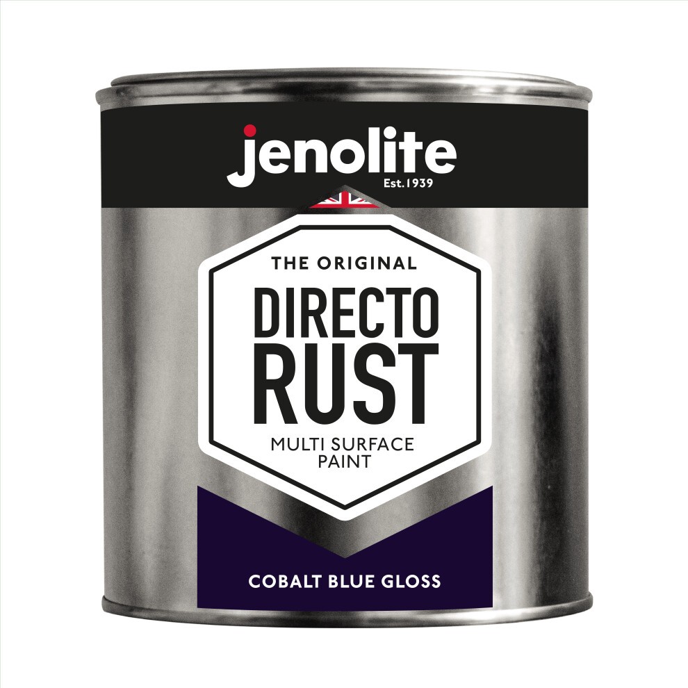 Cobalt blue gloss paint in a metallic tin with a black and white label, featuring "Jenolite" branding and "Directo Rust" text, designed for multi-surface use.