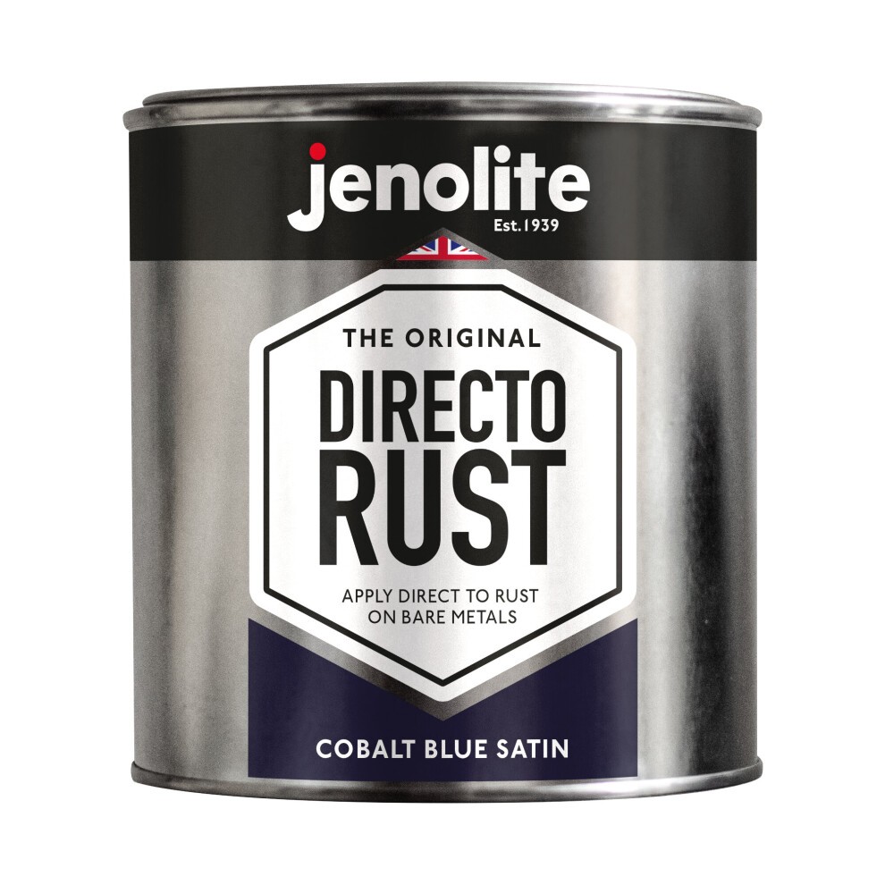 Cobalt blue satin multi-surface paint in a metal can, labeled "JENOLITE Direct Rust," suitable for wood, metal, plastic, ceramic, and rusted surfaces.