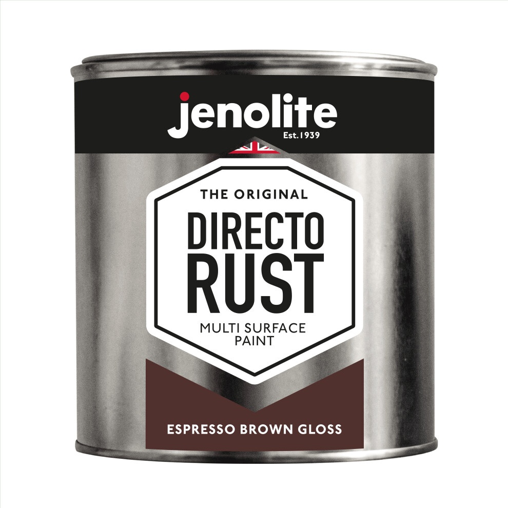 Espresso brown gloss spray paint can by Jenolite, labeled "Directo Rust," suitable for wood, metal, plastic, ceramic, and rusted surfaces, with a sleek metallic finish.