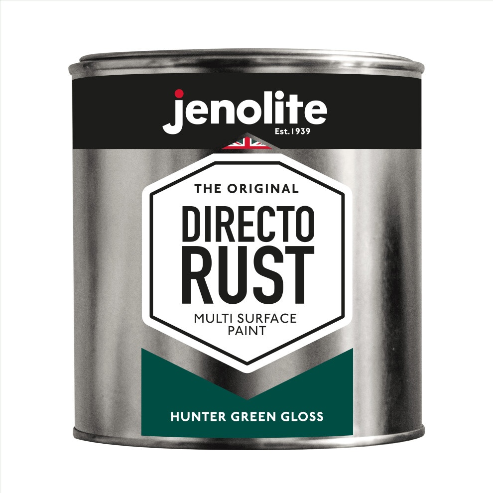Hunter Green gloss spray paint can by Jenolite, labeled "Directo Rust," designed for multi-surface use on wood, metal, plastic, ceramic, and rusted surfaces.