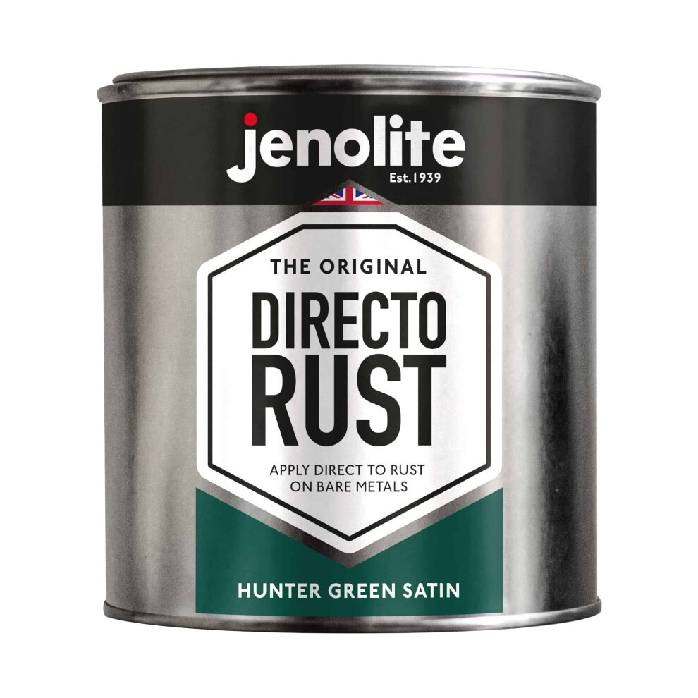 Hunter Green satin multi-surface paint in a 1-litre metal can, featuring a hexagonal label with "DIRECTO RUST" and "JENOLITE" branding, suitable for wood, metal, plastic, and ceramic.